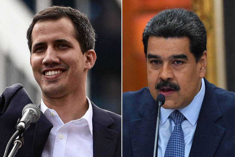On the left is a photograph of a smiling Juan Guaidó. On the right is a photo of Nicolás Maduro.